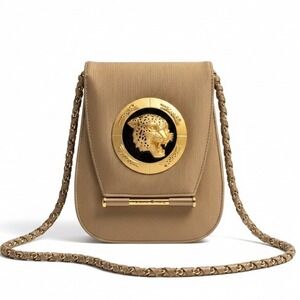 Nima Vtg Leopard Head‎ Shoulder Bag Tan Gold Chain Crossbody Evening Bag